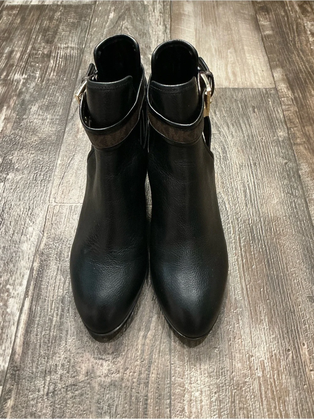 Michael Kors Black Leather Ankle Booties with Logo Strap and Gold Buckle Size 6